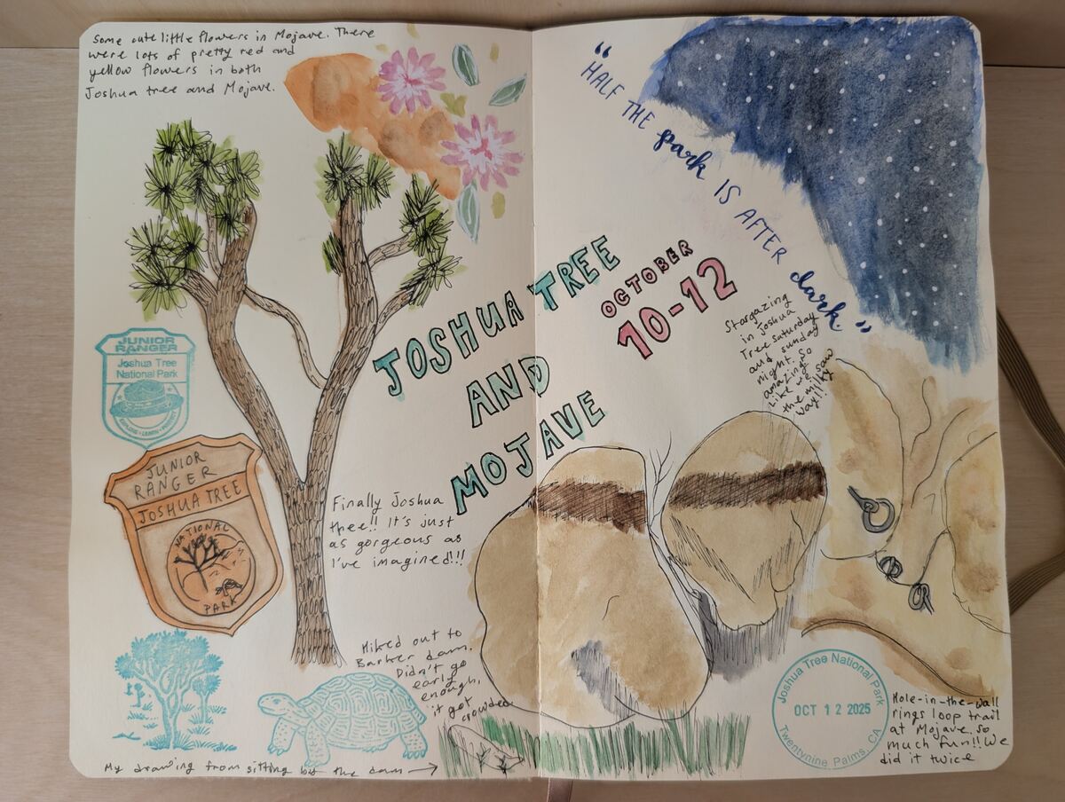 A watercolor sketchbook travel journal page that covers Joshua Tree and Mojave National Parks