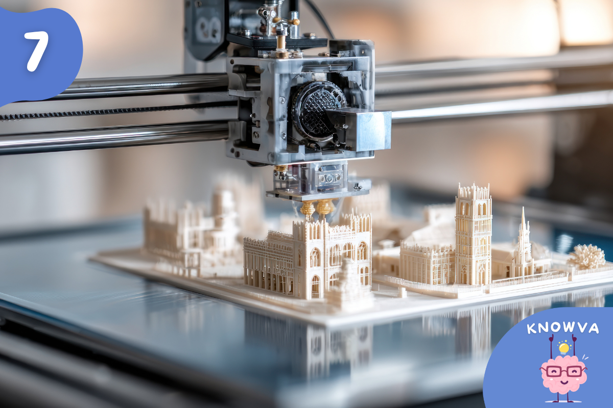 A 3D printer making a model of some buildings.