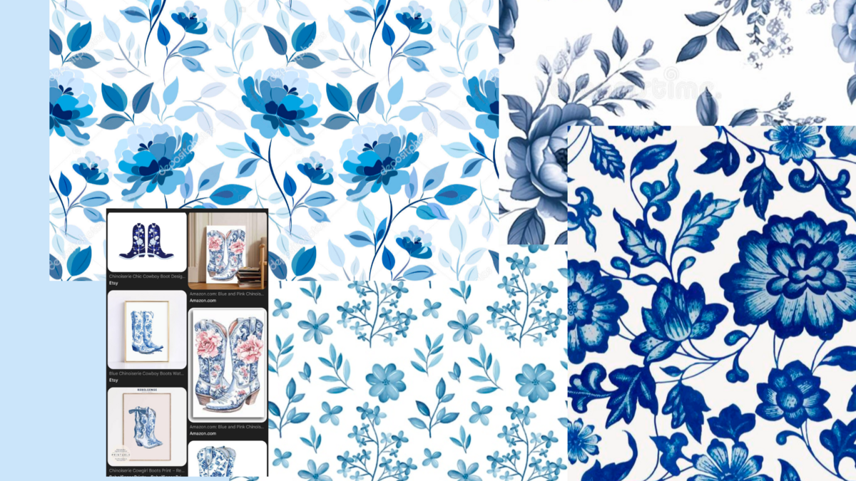 A light blue and white floral mood board