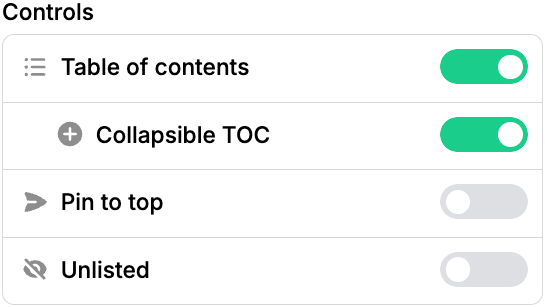 A 'Controls' settings panel with four toggle options: 'Table of contents' and 'Collapsible TOC' are enabled (green toggles), while 'Pin to top' and 'Unlisted' are disabled (gray toggles). Ask ChatGPT