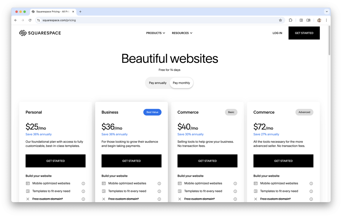 Screenshot of the Squarespace pricing page displaying four website plans — Personal ($25/month), Business ($36/month), Commerce Basic ($40/month), and Commerce Advanced ($72/month). The page highlights features like mobile-optimized websites and customizable templates, with options to pay annually or monthly and a 14-day free trial.