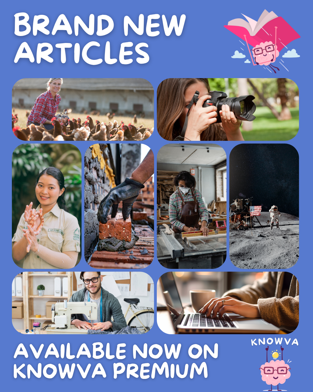 Decorative image with photos of the new jobs. Text reads 'Brand new articles - Available now on Knowva Premium'