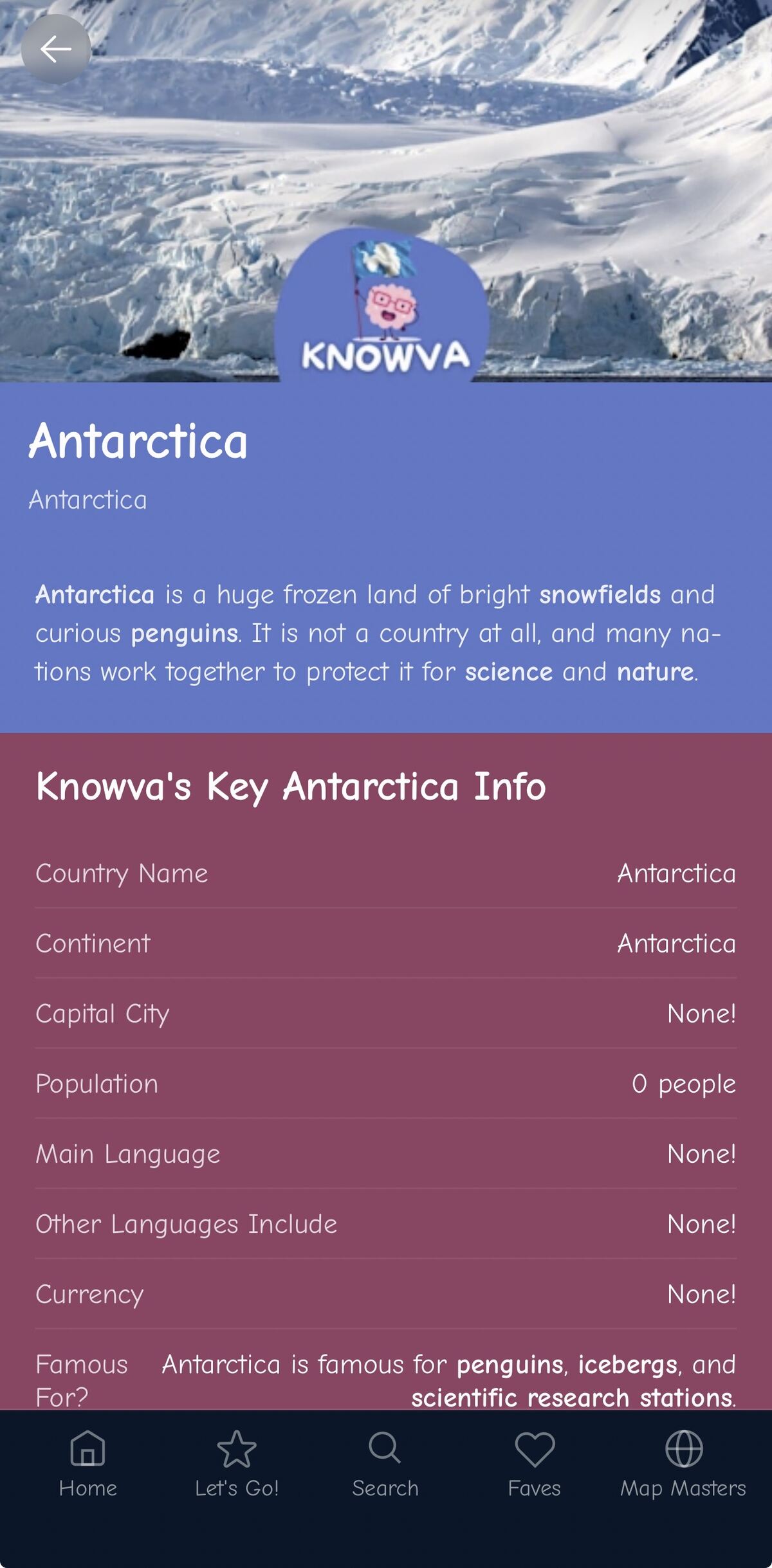 A screenshot of a Knowva Country Mini Article, showing Antarctica.