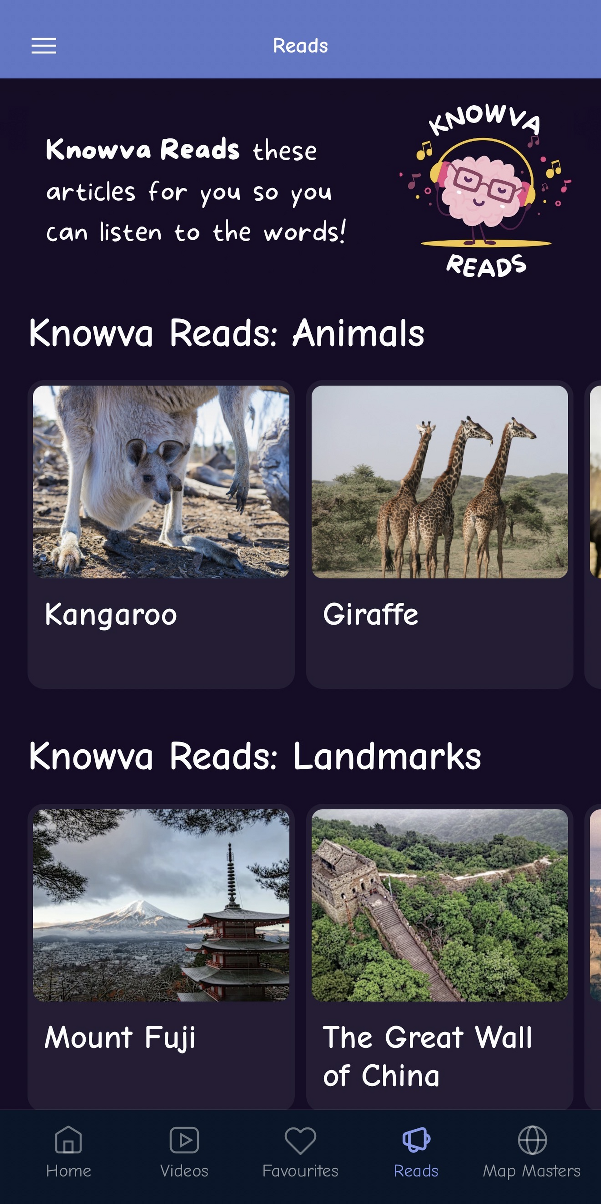 A screenshot of the Knowva app running on a mobile phone. It shows the selection of many articles that feature Knowva Reads read-along audio.