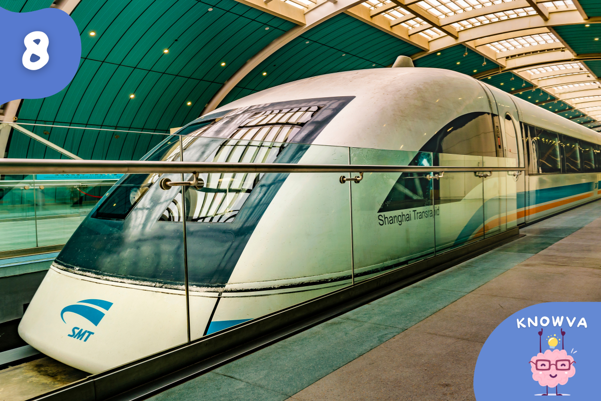 A magnetic levitation train inside a station in Shanghai, designed to float above the tracks.