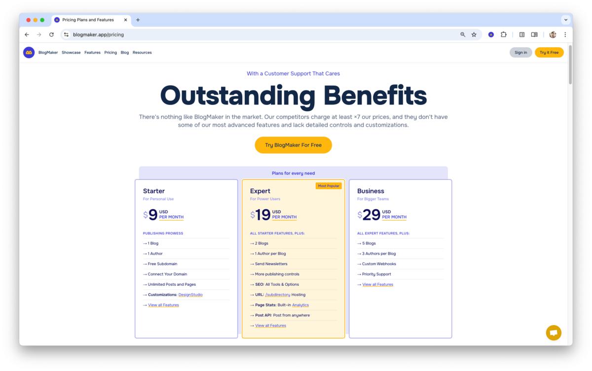 A screenshot of the BlogMaker pricing page, displaying three subscription plans under the heading “Outstanding Benefits,” with the Starter plan at $9 per month, the Expert plan at $19 per month marked as the most popular, and the Business plan at $29 per month, each showing their respective features in side-by-side cards.