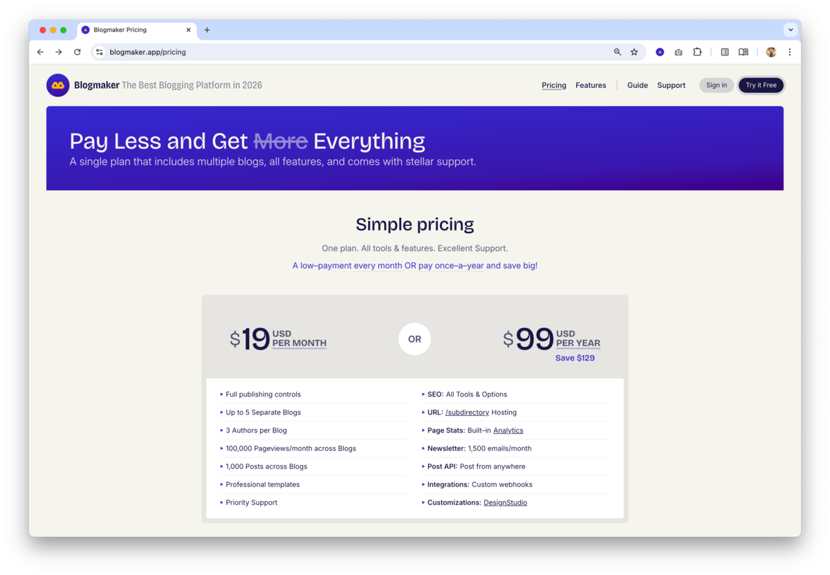 Blogmaker pricing page showing a simple plan with $19 per month or $99 per year for a business blogging platform with SEO tools, analytics, newsletters, and multiple blogs.