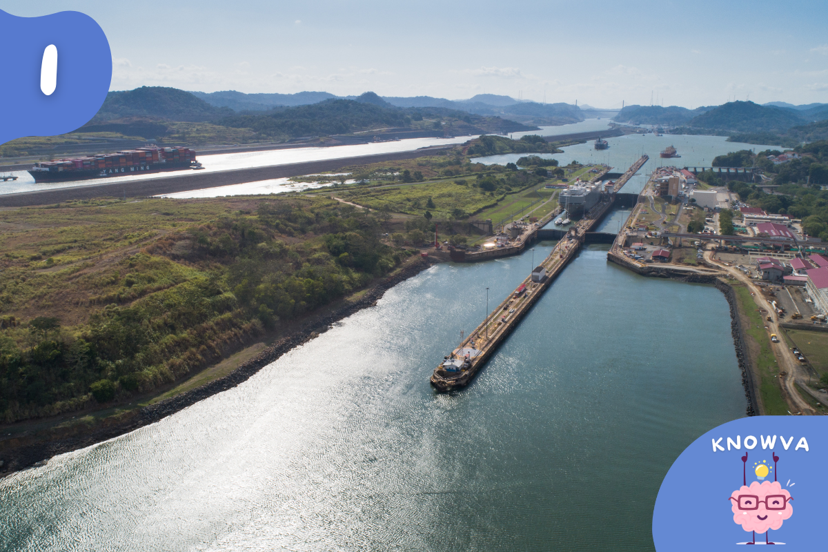 Aerial view of the Panama Canal with ships passing through lock gates between green hills.