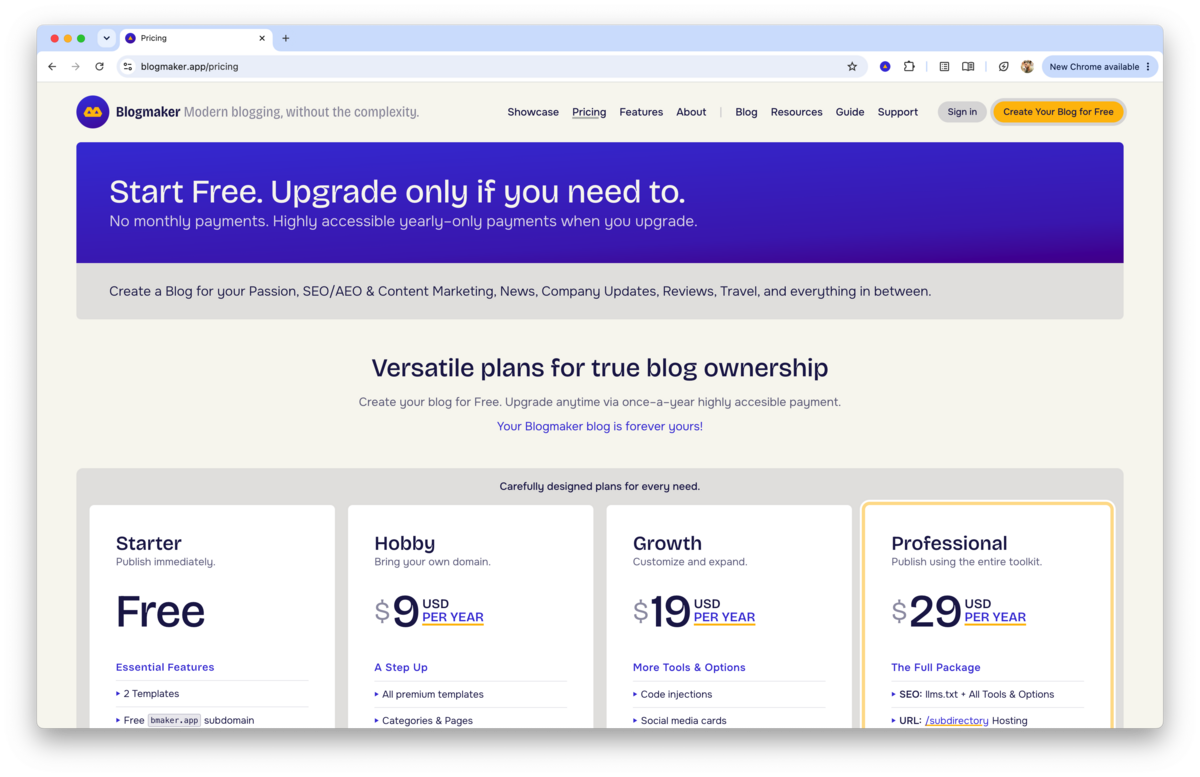 Blogmaker pricing page showing a simple plan with $19 per month or $99 per year for a business blogging platform with SEO tools, analytics, newsletters, and multiple blogs.