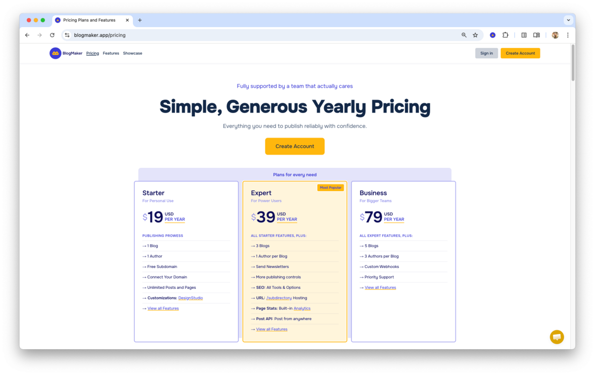 A screenshot of the BlogMaker pricing page, displaying three subscription plans under the heading “Outstanding Benefits,” with the Starter plan at $19 per year, the Expert plan at $39 per year marked as the most popular, and the Business plan at $79 per year, each showing their respective features in side-by-side cards.
