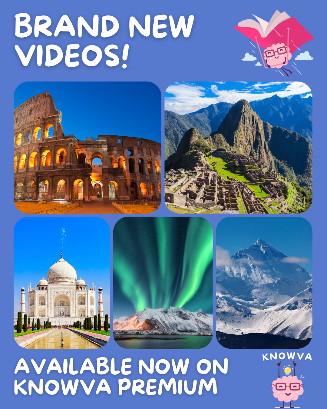 Decorative image of the five new landmarks. Text reads 'Brand new videos - Available now on Knowva Premium'