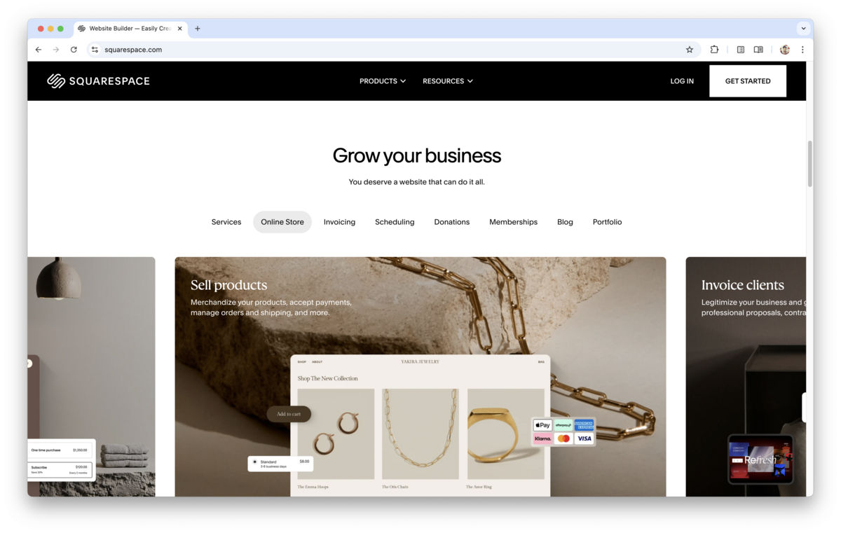 Screenshot of the Squarespace homepage showing the 'Grow your business' section. The page highlights options like Services, Online Store, Invoicing, Scheduling, Donations, Memberships, Blog, and Portfolio. The featured image promotes selling products online with visuals of gold jewelry, product listings, and supported payment methods such as Apple Pay, Klarna, Mastercard, and Visa.