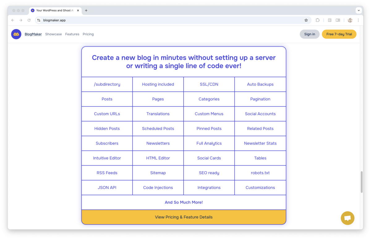 Screenshot of the BlogMaker website showing a feature grid under the heading “Create a new blog in minutes without setting up a server or writing a single line of code ever!” The grid lists features such as /subdirectory, hosting included, SSL/CDN, auto backups, posts, pages, categories, pagination, translations, newsletters, analytics, SEO tools, and more. A yellow button at the bottom reads “View Pricing & Feature Details.”
