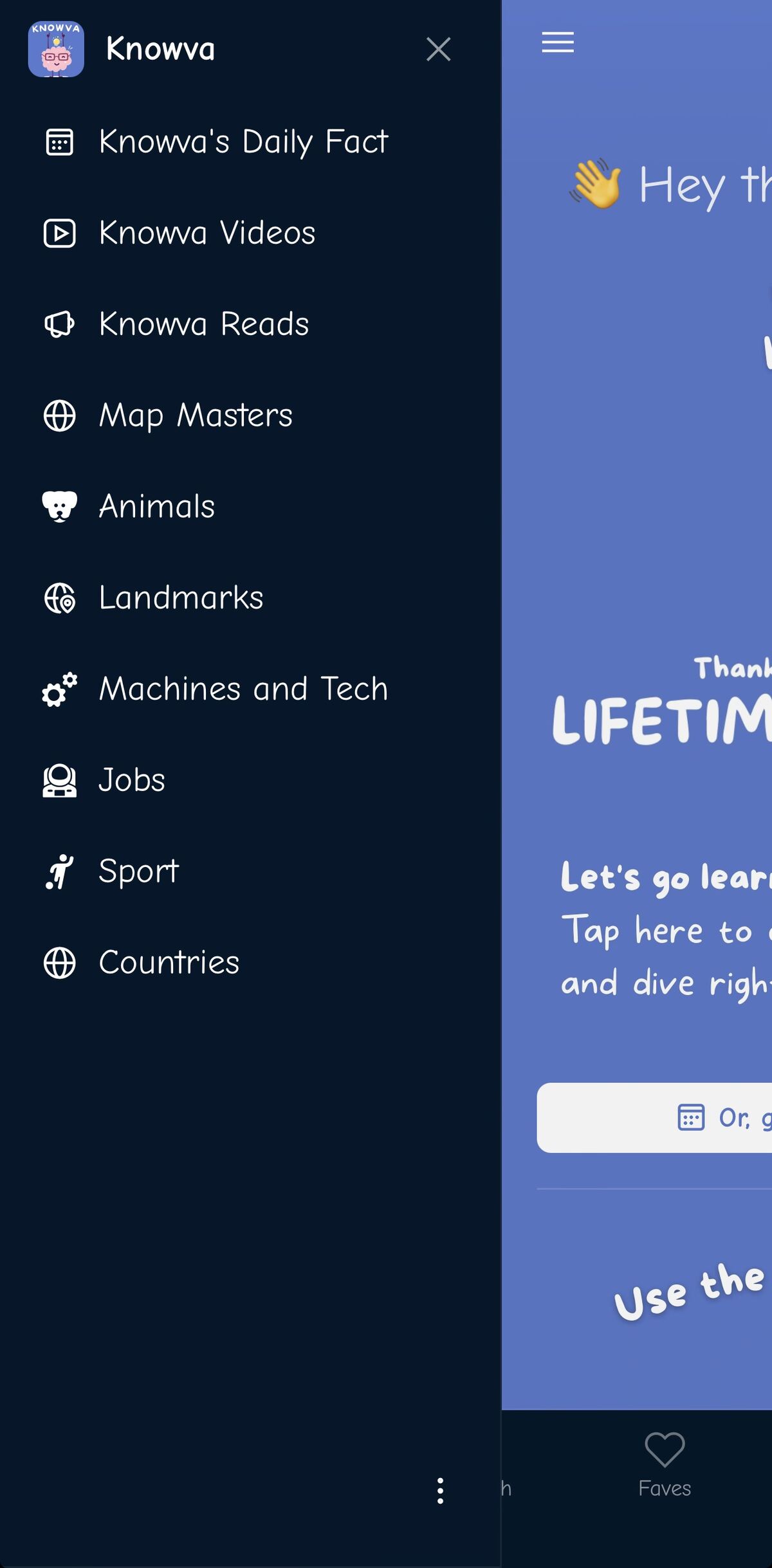 A mobile app screenshot of Knowva, showing the new slide-out menu