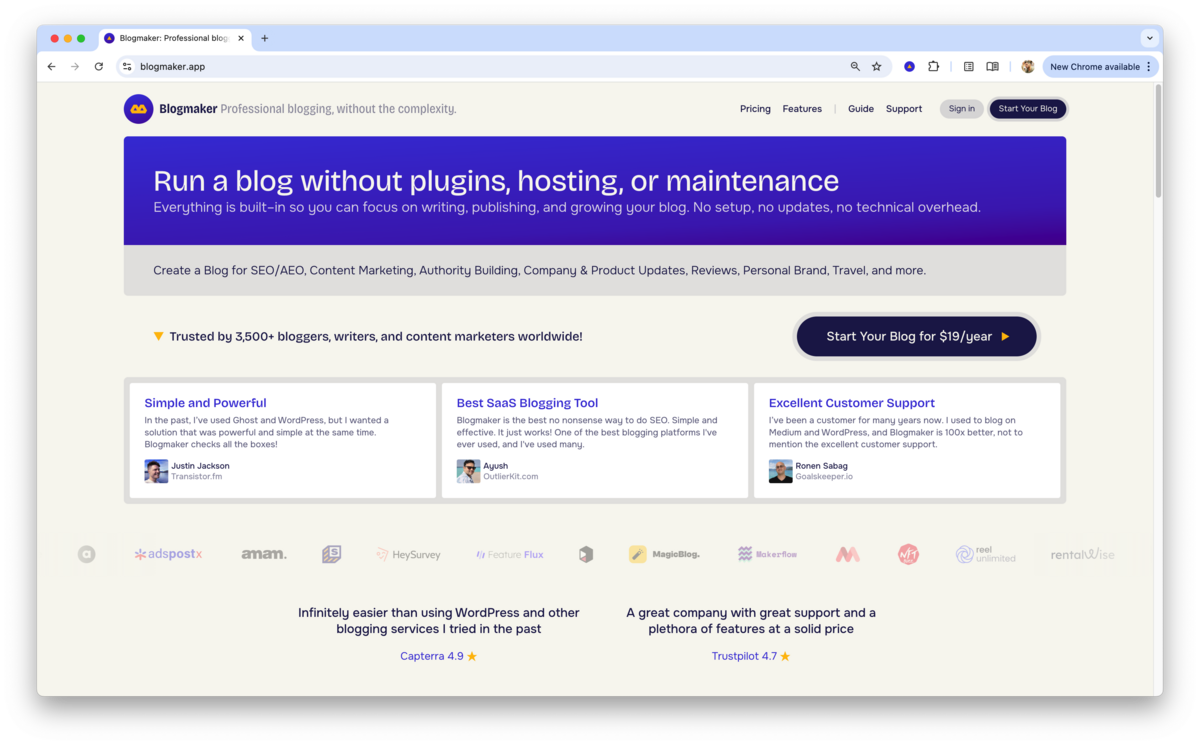 Blogmaker blogging platform homepage highlighting SEO-focused blogging tools and founder testimonials.