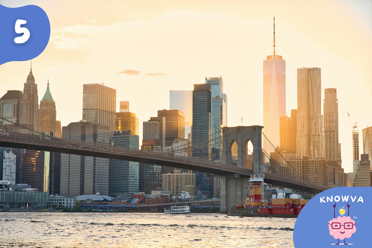 The Brooklyn Bridge crossing the river with New York City skyscrapers in the background at sunset.