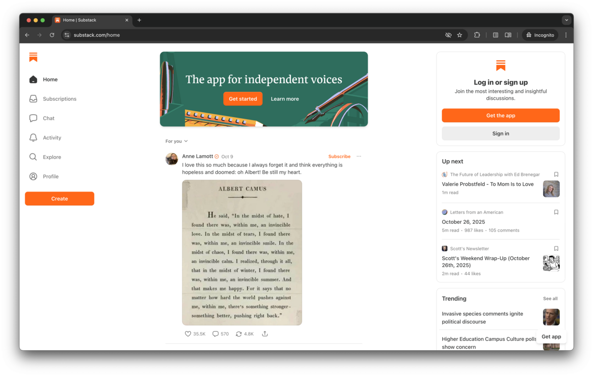 Screenshot of the Substack home feed showing posts from independent writers. The left sidebar includes navigation links such as Home, Subscriptions, Chat, Activity, Explore, and Profile. The main feed features a post by Anne Lamott quoting Albert Camus, with likes and comments visible. A banner at the top promotes Substack as ‘The app for independent voices.’