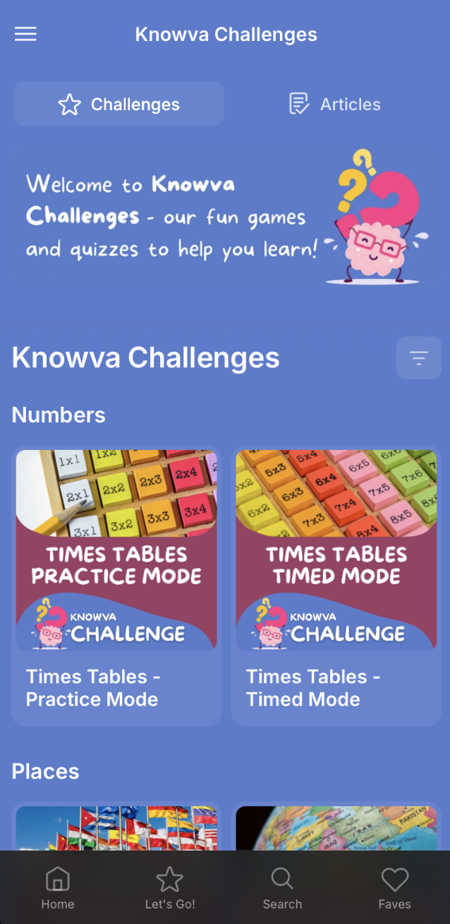 Screenshot of the Knowva Challenges app page, showing activities.