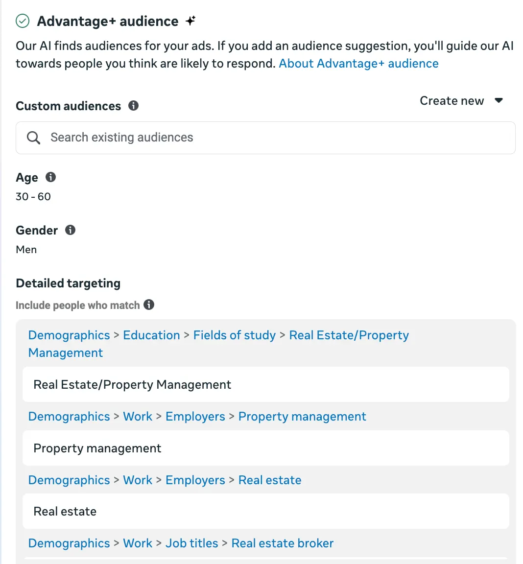 Advantage+ detailed targeting in Meta ads manager