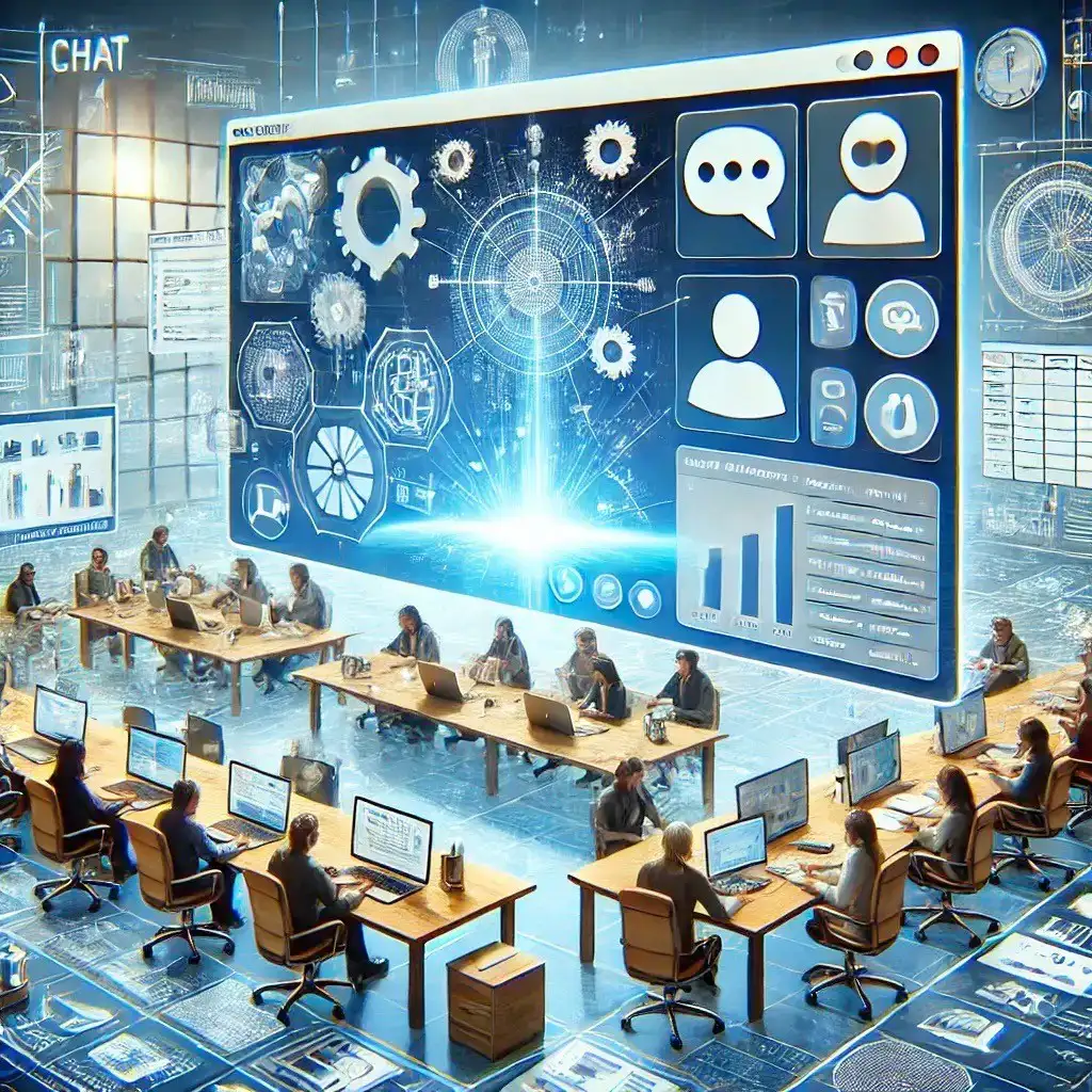 An open space office where team members are working together, with a large screen projected for all.