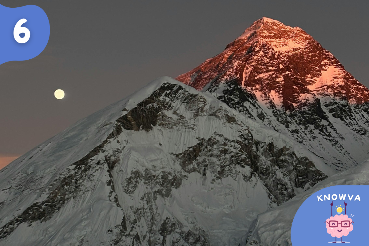 Mount Everest at sunset covered in snow with the moon visible in the sky above the peak.