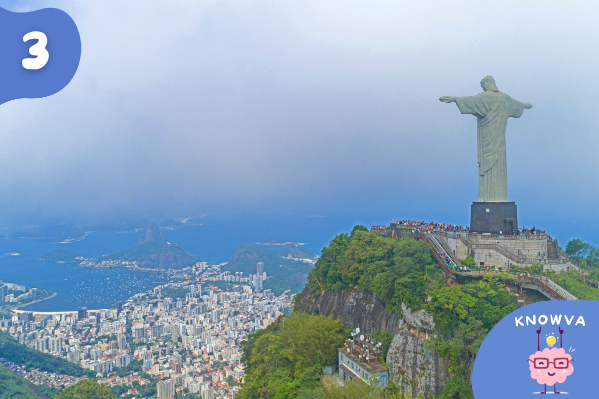 Cristo Redentor/Christ the Redeemer statue overlooking Rio de Janeiro with the city and coastline below.