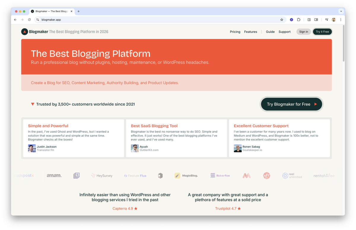Blogmaker blogging platform homepage highlighting SEO-focused blogging tools and founder testimonials.