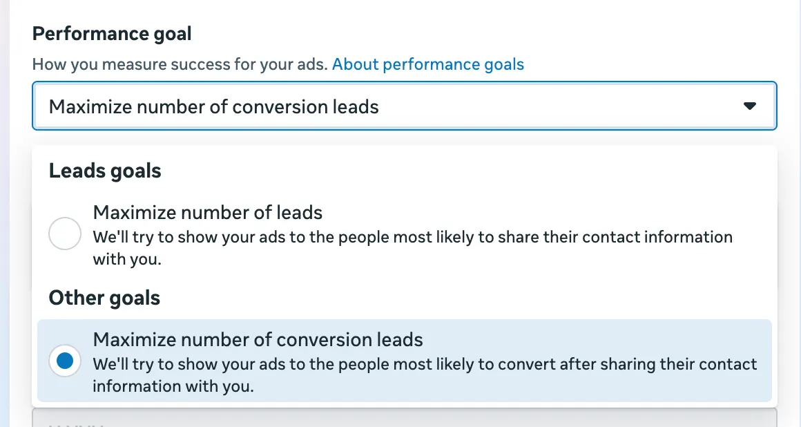 Performance Goal for Lead ads in Meta ads manager