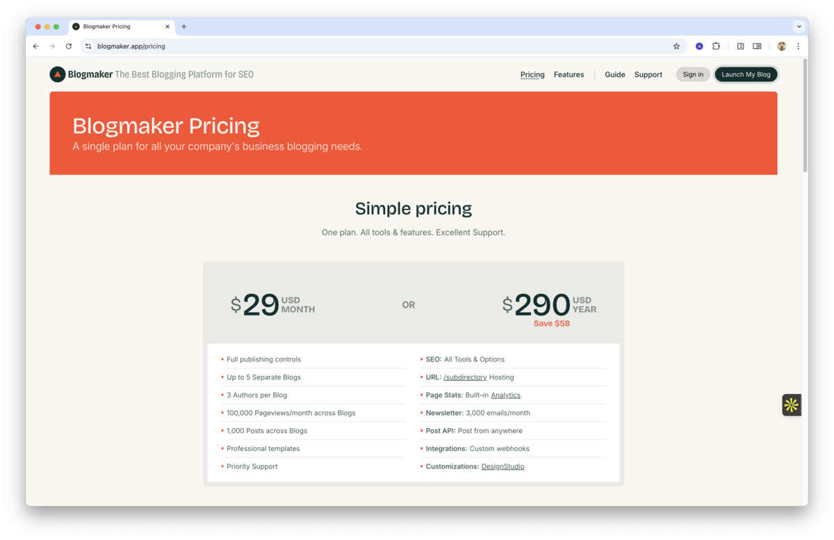 Blogmaker pricing page showing a simple plan with $29 per month or $290 per year for a business blogging platform with SEO tools, analytics, newsletters, and multiple blogs.