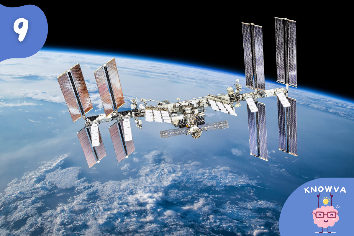 The International Space Station orbiting Earth with solar panels visible against space.