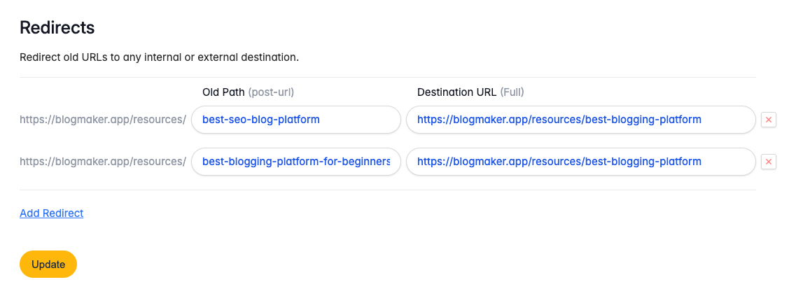 The Redirects section inside the Blogmaker Settings area.