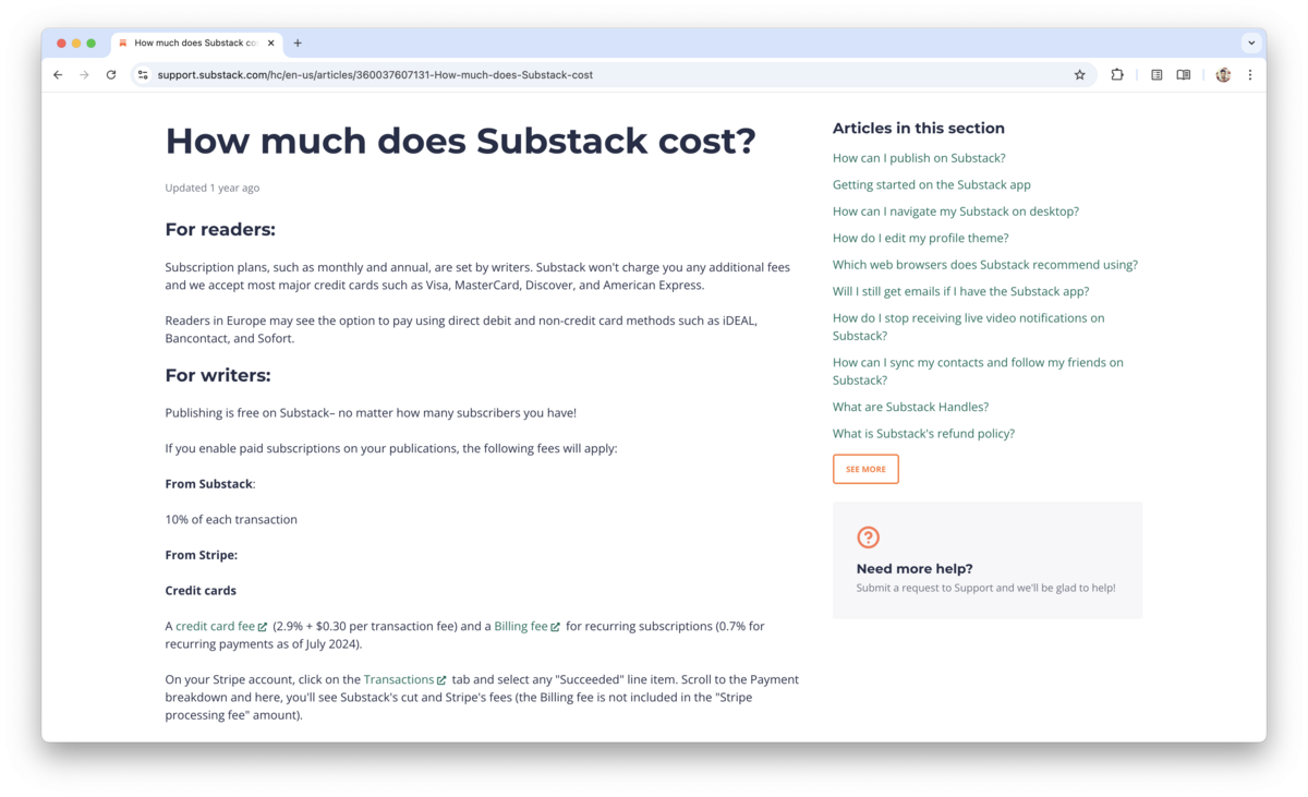 Screenshot of Substack’s official support page titled ‘How much does Substack cost?’ It explains that Substack is free for writers to publish, while paid subscriptions incur a 10% platform fee from Substack and additional Stripe processing fees (2.9% + $0.30 per transaction, plus 0.7% for recurring subscriptions). The sidebar lists related help topics like publishing, syncing contacts, and profile editing.