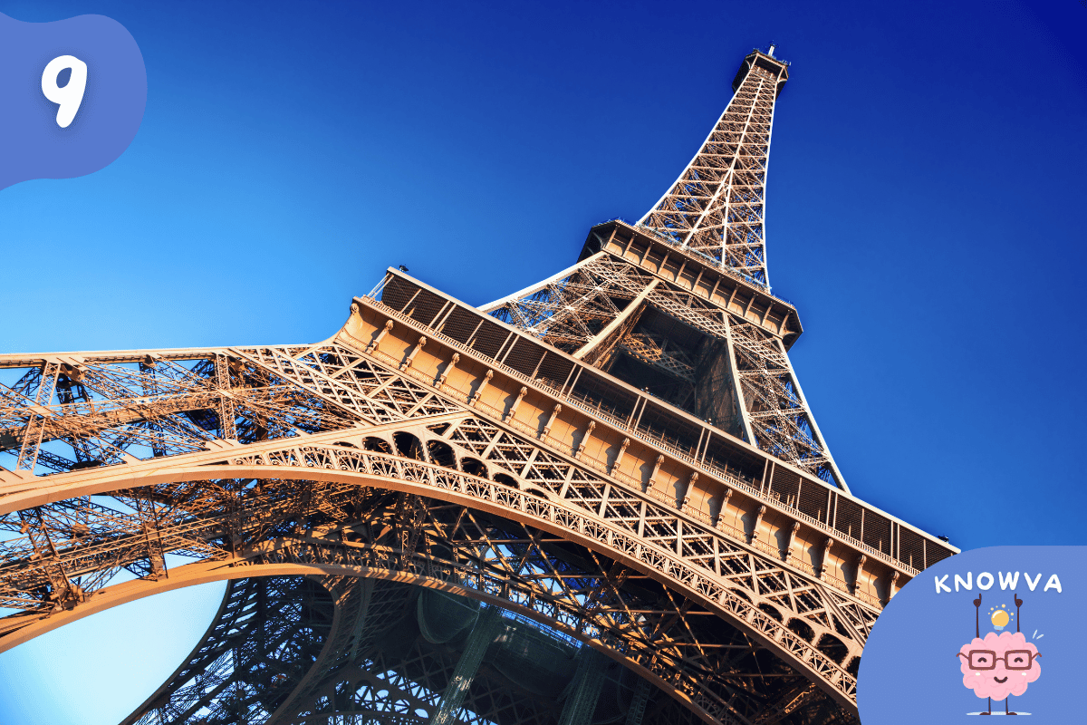 The Eiffel Tower seen from a low angle, looking up.
