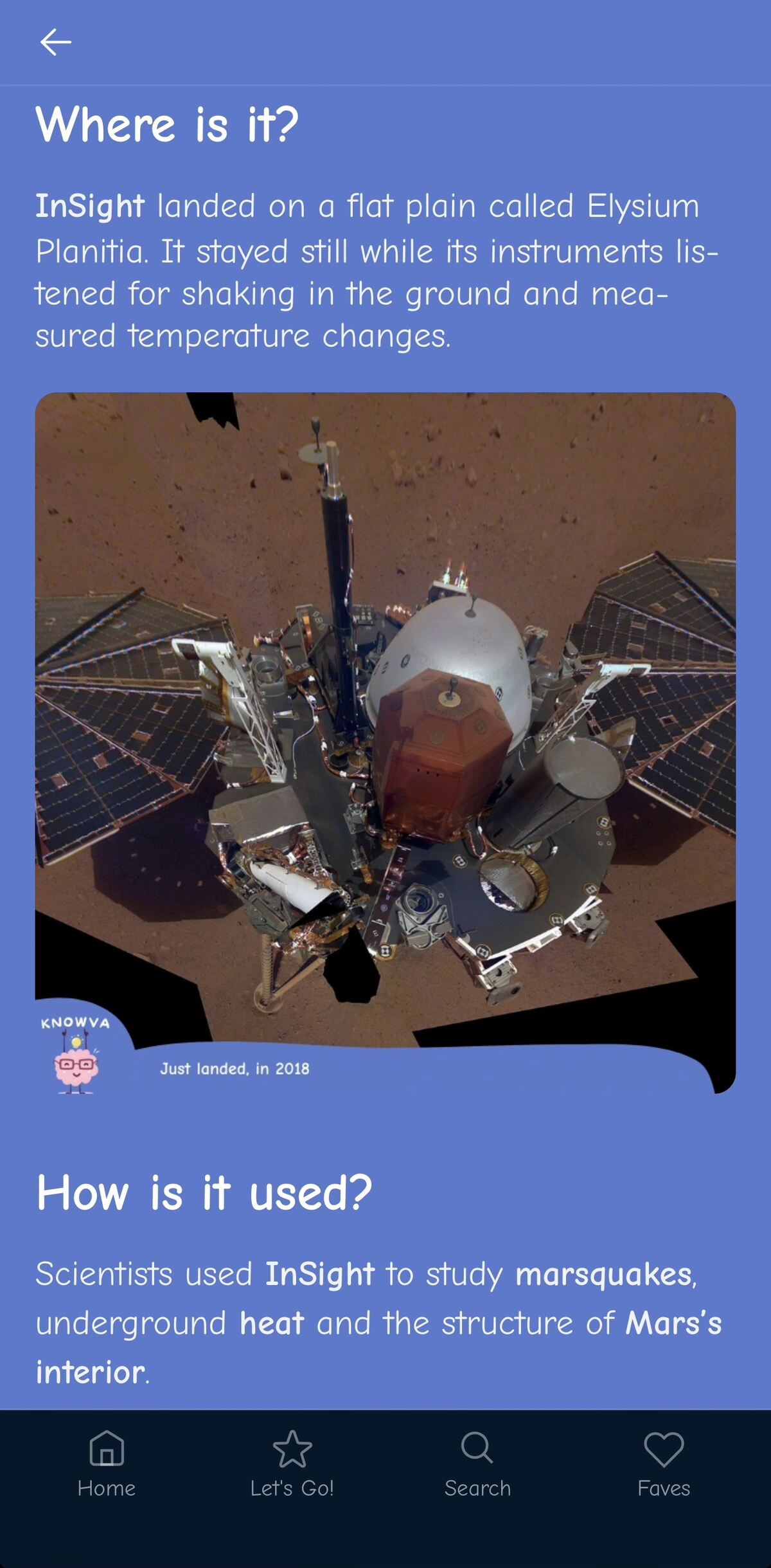 App screenshot - a glimpse at the Mars Insight Lander article in Knowva's new space section.