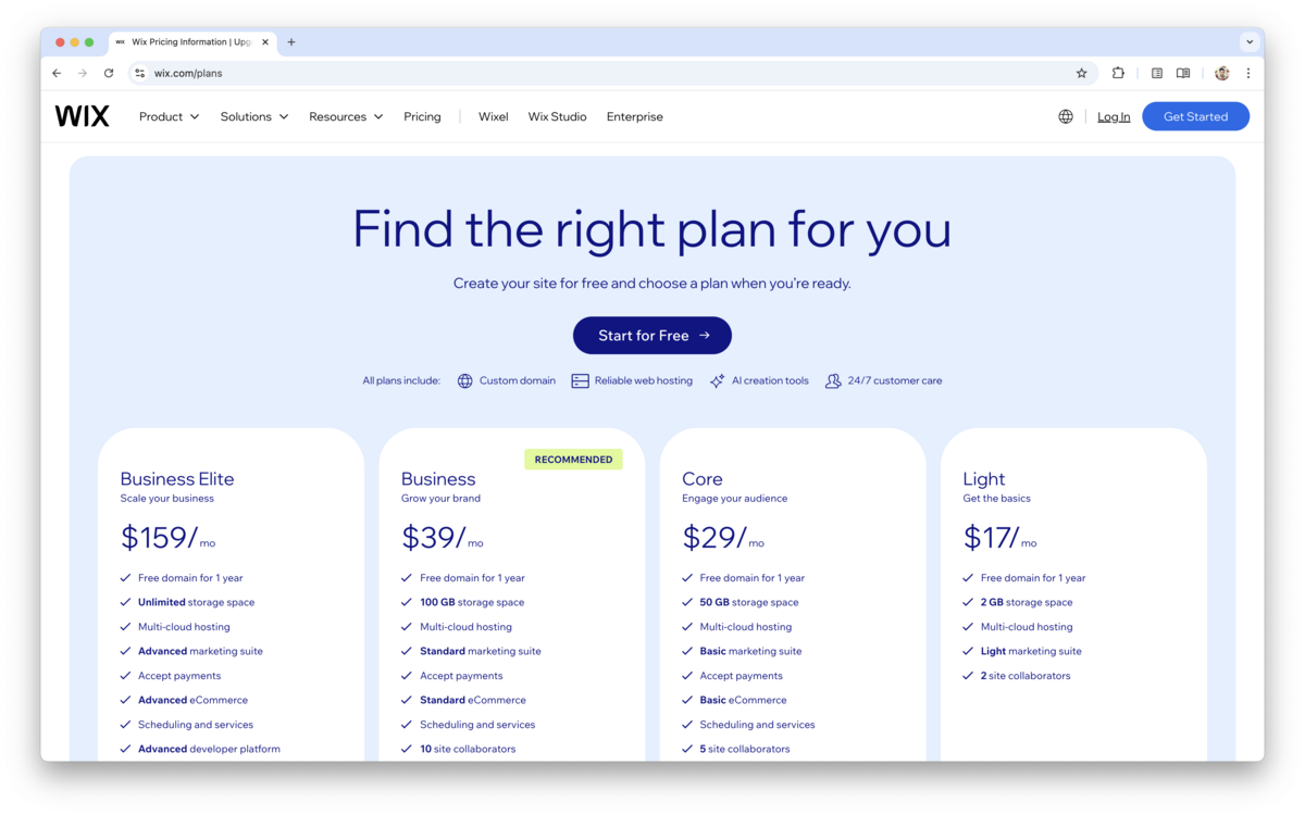 Wix pricing plans page showing four tiers — Light ($17/month), Core ($29/month), Business ($39/month), and Business Elite ($159/month). Each plan includes a free domain for one year, multi-cloud hosting, and varying levels of marketing, eCommerce, and collaboration features.