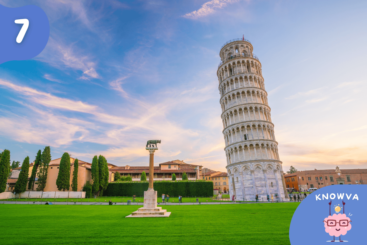 Wide image of the Leaning Tower of Pisa and surroundings.
