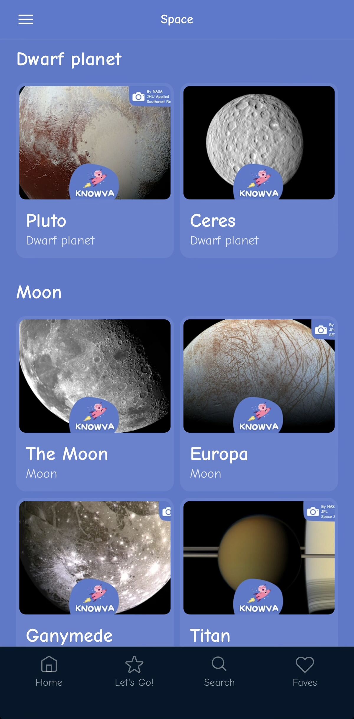 App screenshot - Some of the natural space objects in Knowva, including dwarf planets and moons.