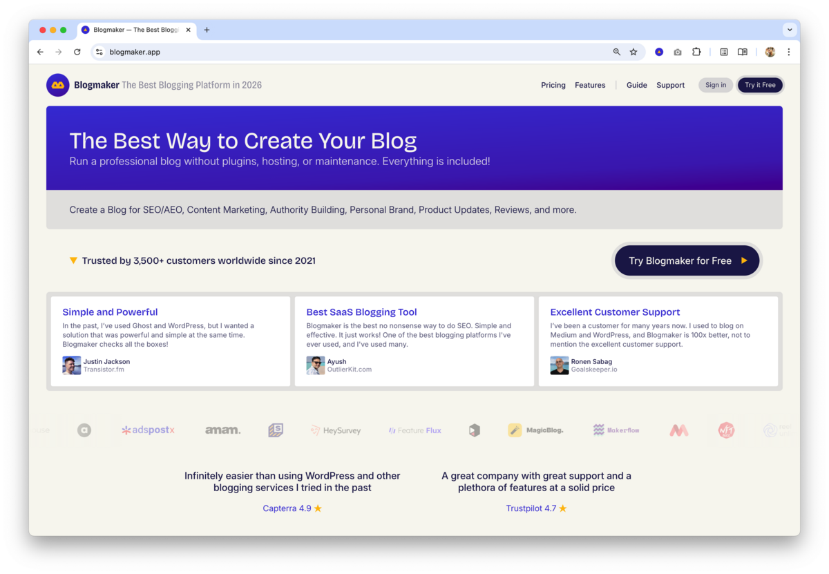 Blogmaker blogging platform homepage highlighting SEO-focused blogging tools and founder testimonials.