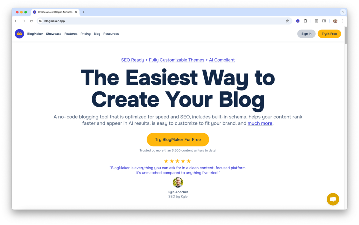 Screenshot of the BlogMaker homepage featuring the headline “The Easiest Way to Create Your Blog.” The subheading describes it as a no–code blogging tool that is optimized for speed and SEO, includes built-in schema, helps your content rank faster and appear in AI results, is easy to customize to fit your brand, and much more.. A yellow button reads “Try BlogMaker for Free.” Below is a testimonial from Kyle Anacker praising BlogMaker for being everything you can ask for in a clean–content focused platform.