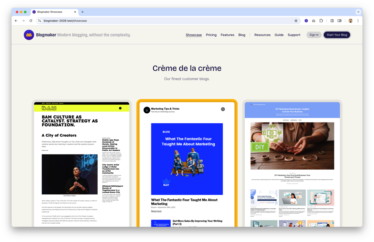 Blogmaker showcase page displaying featured customer blogs with preview cards under the heading “Crème de la crème”