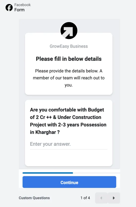 Example of lead qualifying question — Preview in Meta Ads manager