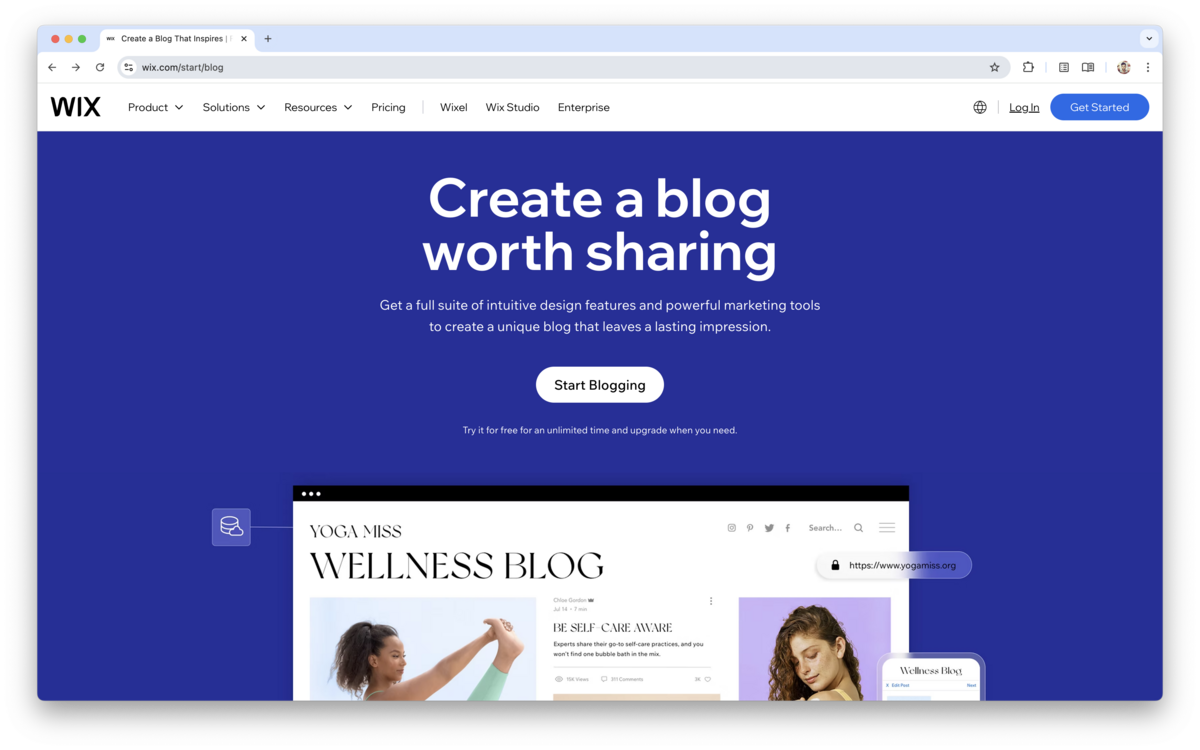 Screenshot of the Wix blog landing page with a bold blue background. The main headline reads “Create a blog worth sharing,” followed by text promoting Wix’s design and marketing tools. A “Start Blogging” button is centered below the text. The lower section shows an example of a blog layout titled “Yoga Miss Wellness Blog,” featuring images of two women