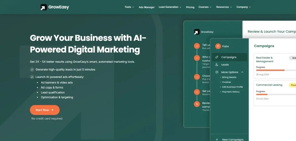GrowRasy.ai Homapage and dashboard