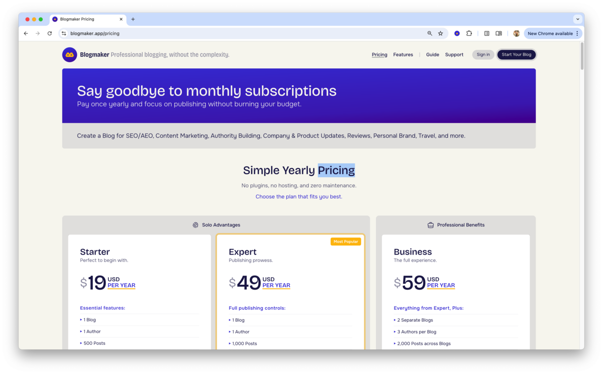 Blogmaker pricing page showing a simple plan with $19 per month or $99 per year for a business blogging platform with SEO tools, analytics, newsletters, and multiple blogs.