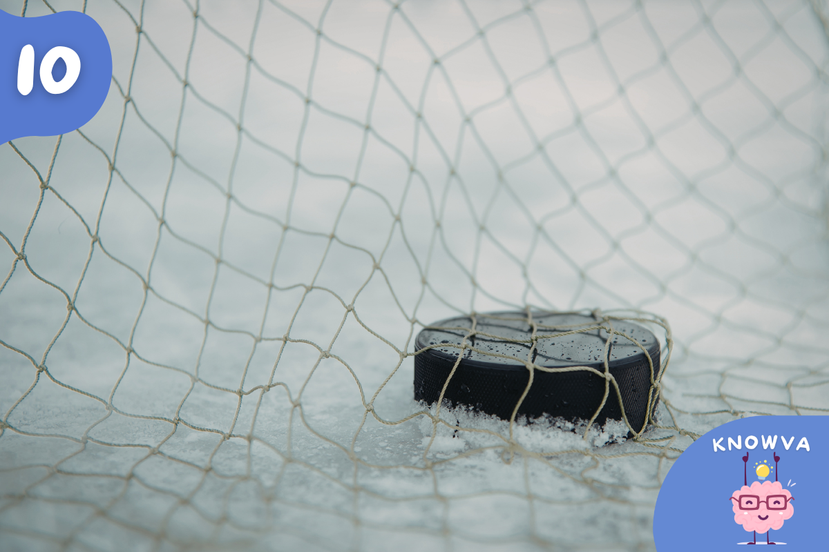 An ice hockey puck resting against the net on an icy rink surface.