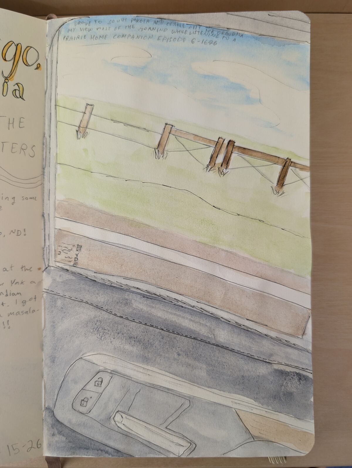 A watercolor sketchbook page of a view out a window