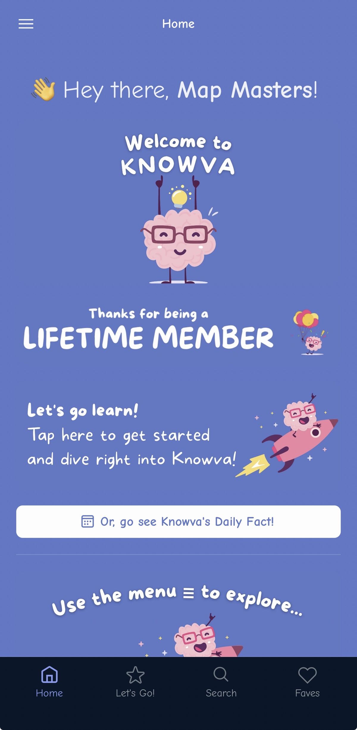 A mobile screenshot of the Knowva App Homepage showing the new Main Menu layout at the bottom.