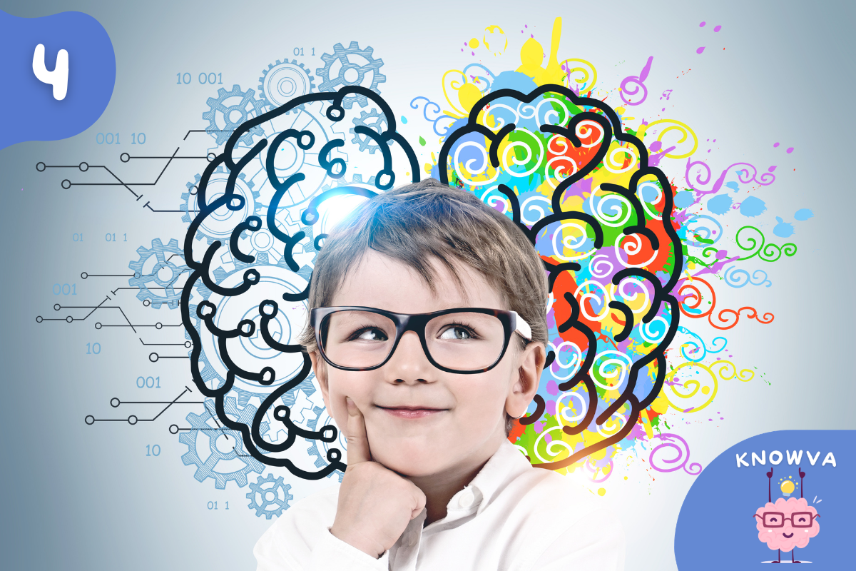 Child thinking with illustrated brain showing logic and creativity