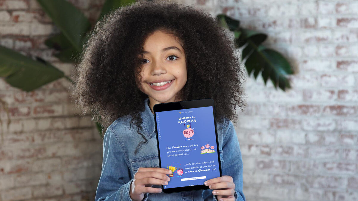 Decorative image of a child holding up a tablet with the Knowva app.
