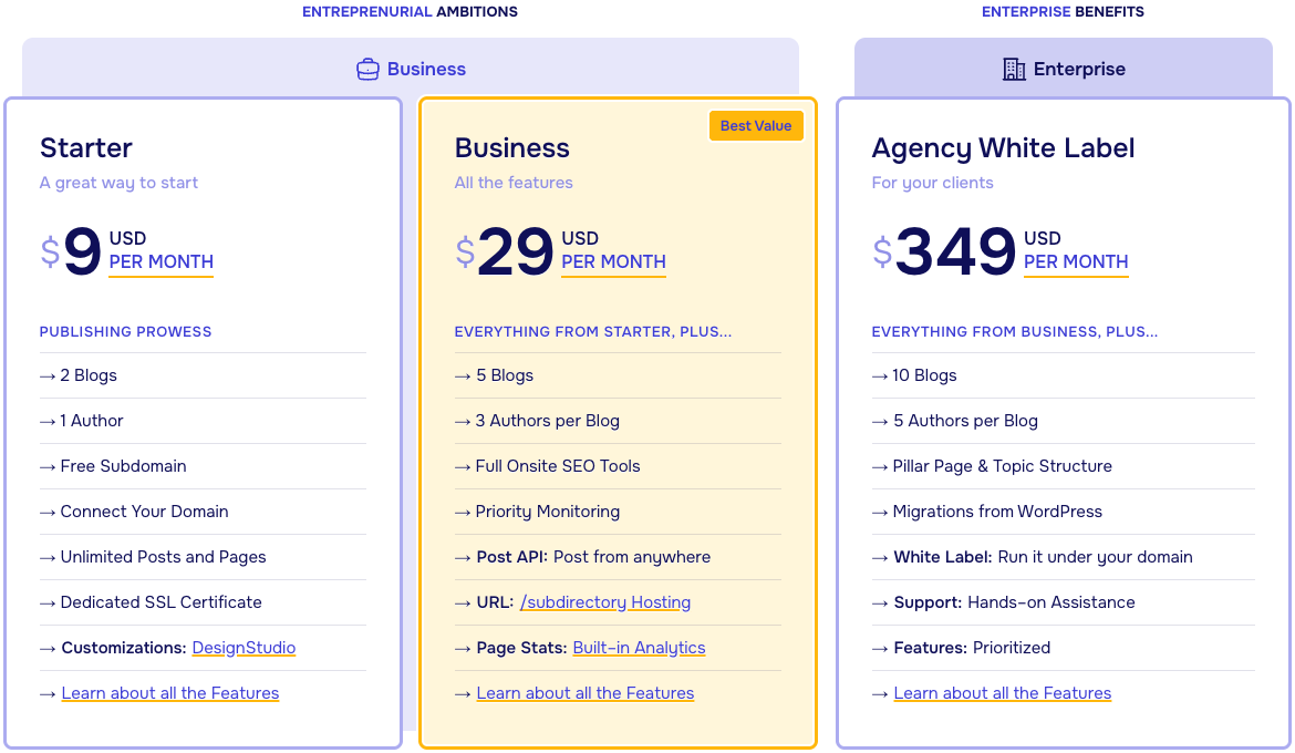 a screenshot of the pricing page and features of each plan